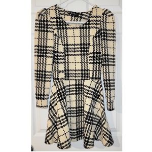 Plaid. Check. Long Sleeve Dress. Cream and Black